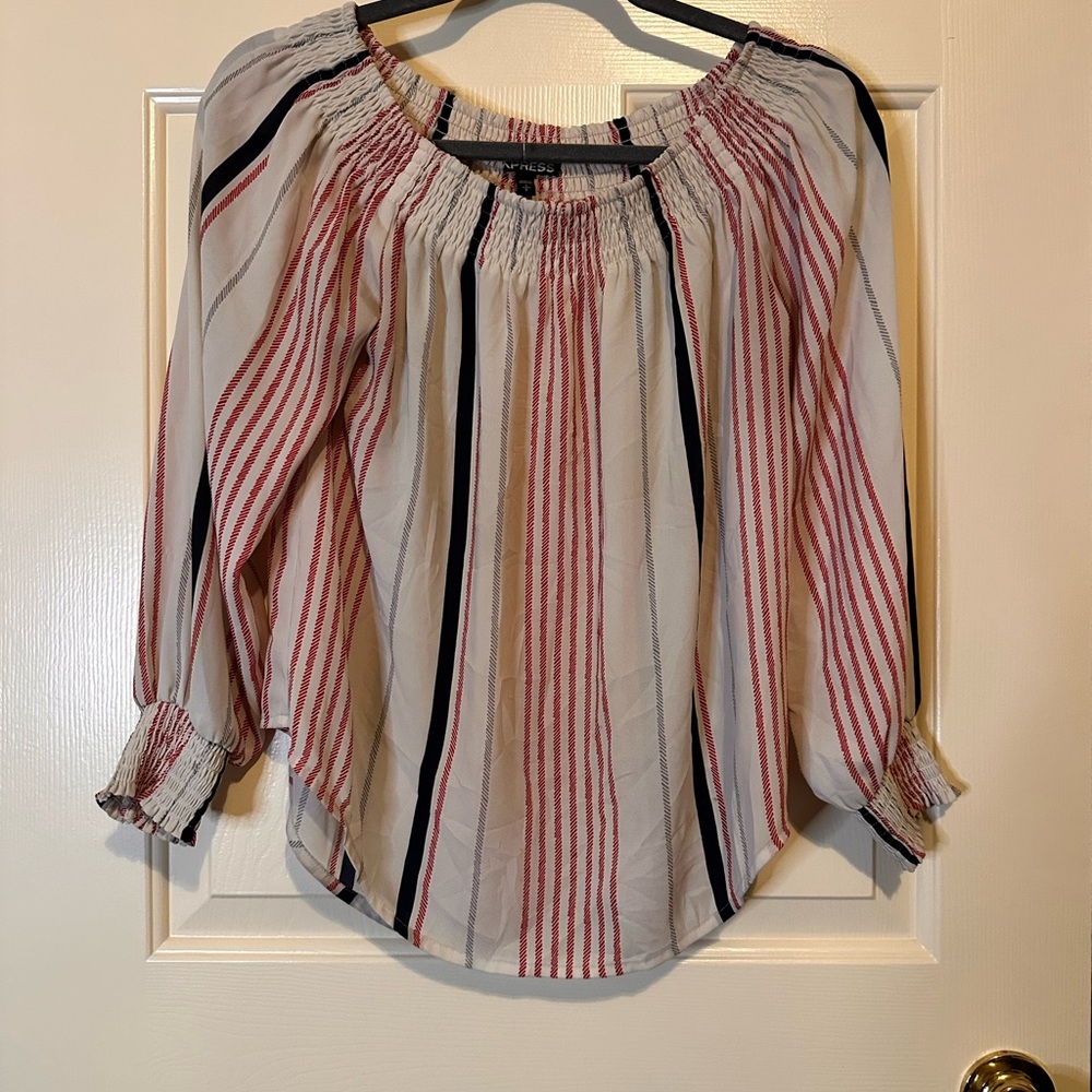 Express Off-Shoulder Blouse in White with Red & Black Stripes